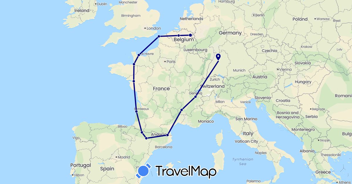 TravelMap itinerary: driving in Belgium, Germany, Spain, France (Europe)